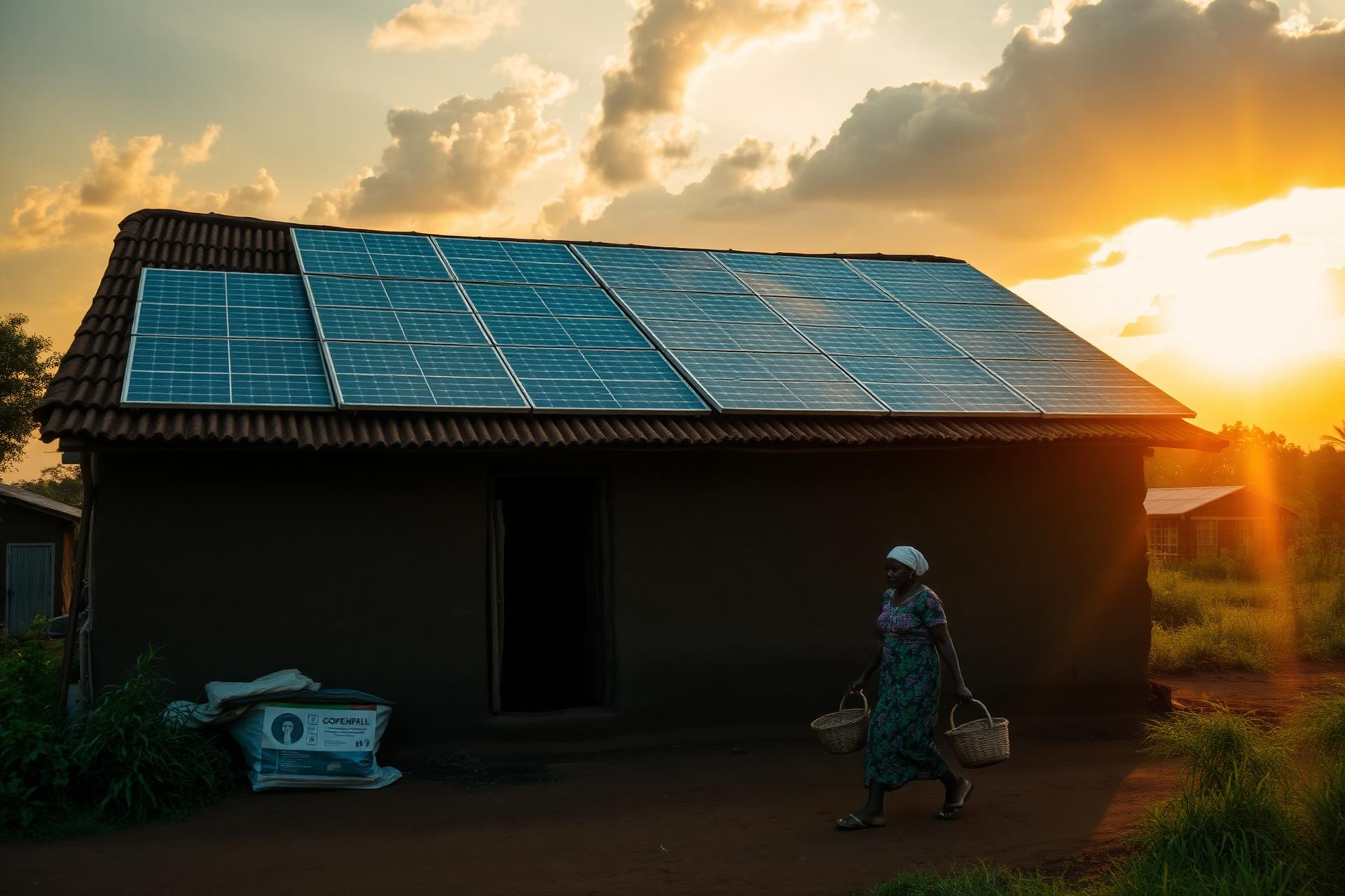 Solar panels on a rural home in Northern Ghana at sunset