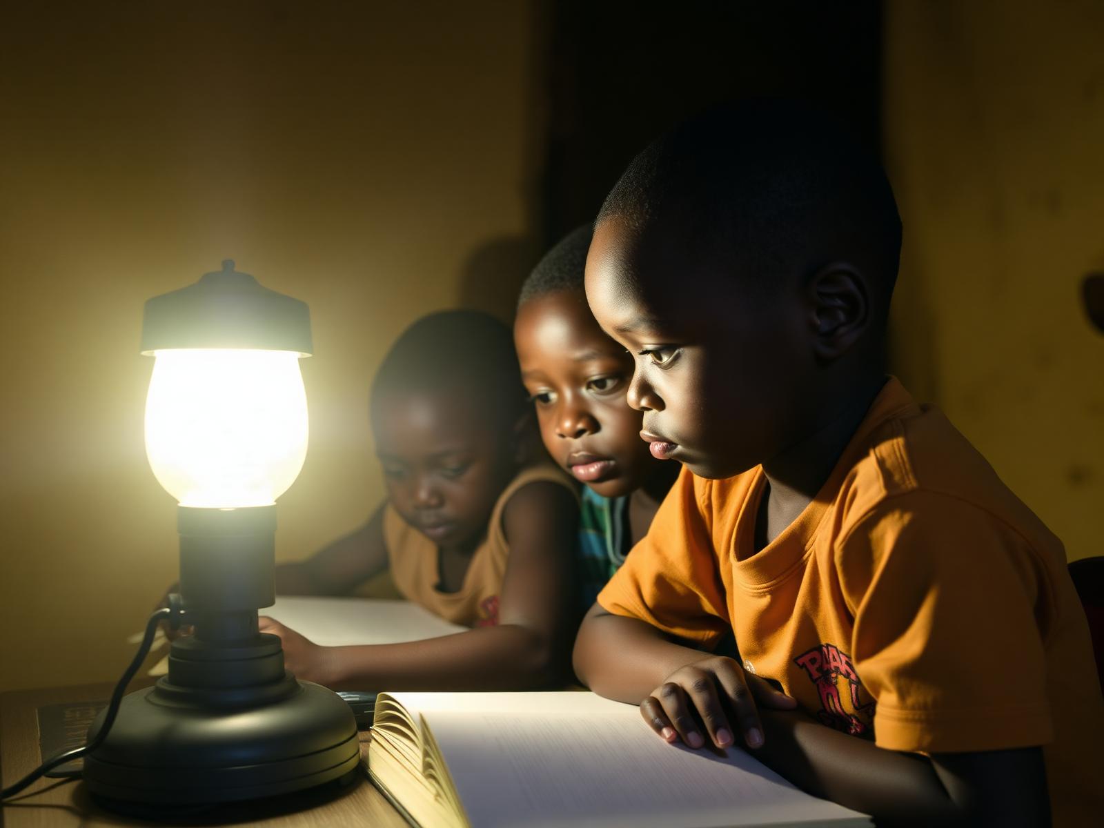 Children studying by solar lamp